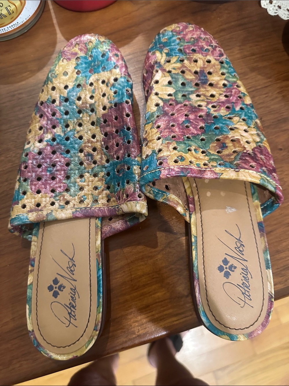 Patricia Nash,  Perforated Slide Mules in Teal, Burgundy & Tan